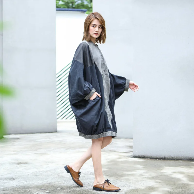 LANMREM синяя свободная ветровка на молнии с круглым вырезом и длинным рукавом