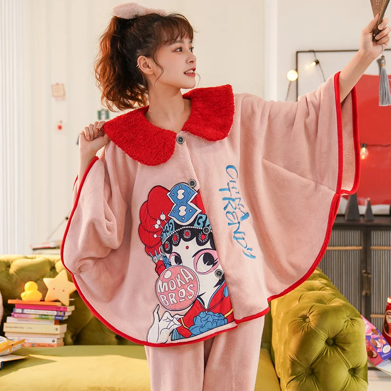 National Tide Chinese Wind Winter Pyjamas Flannel Women Sleepwear Coral Fleece Nightgown Doll Collar Loose Version Batwing