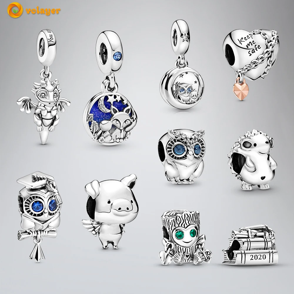 

Volayer 925 Sterling Silver Bead Tree Monster Dragon Owl Chained Heart Fox & Rabbit Dangle Charms fit Original Pandora Bracelets