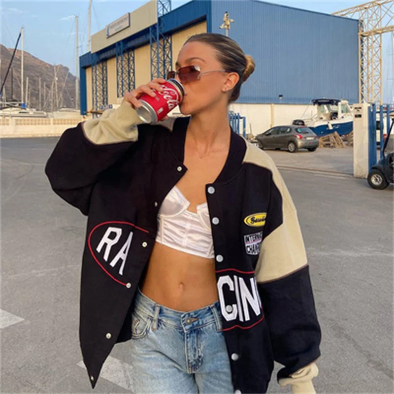 

Vintage Clothes Coat Women Oversized Baseball Jackets Varsity Long Sleeve Fashion Coat Bomber Loose Ropa Mujer Abrigo Mujer