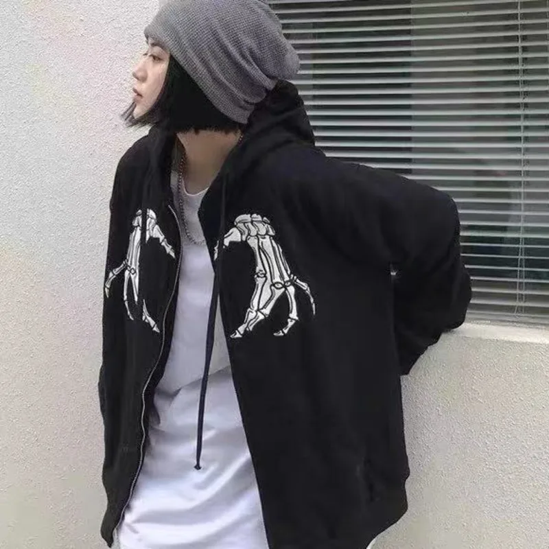 

SXGOTH Women Goth Halloween Jacket Autumn Hoodie Punk Oversized Grunge Zip Up Black Hooded Tops Clothes Y2K Female Casual Loose