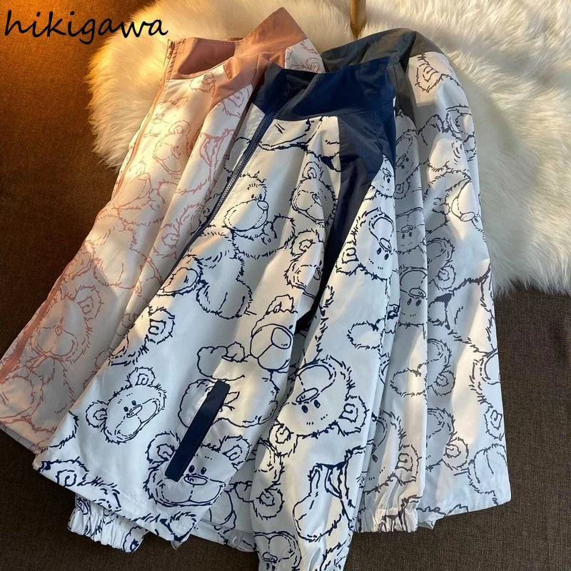 

Hikigawa Women's Coats Stand Collar Long Sleeve Tops Harajuku Cartoon Print Jacket Patchwork Student 2021 Outwear Clothing
