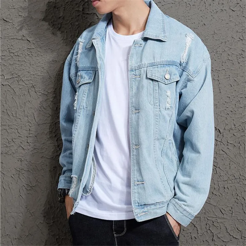 

New Spring Autumn Mens Denim Jacket Mens Trendy Fashion Bomber Thin Ripped Hole Denim Jacket Male Cowboy Jeans jackets and Coat
