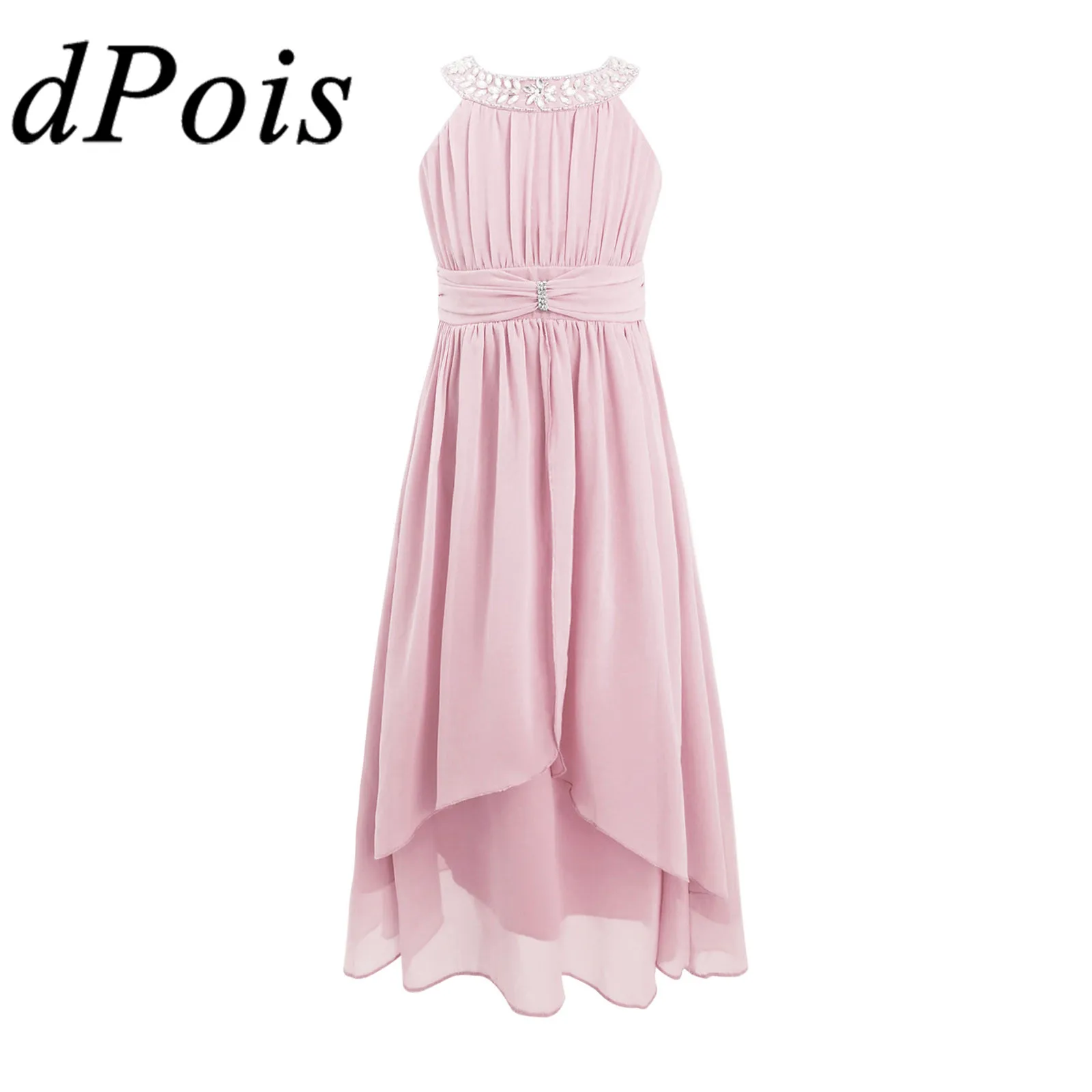 

Pleated Kids Dresses Rhinestone Beaded Chiffon Princess Girl Dress First Communion Wedding Party Birthday Summer Girls Dress