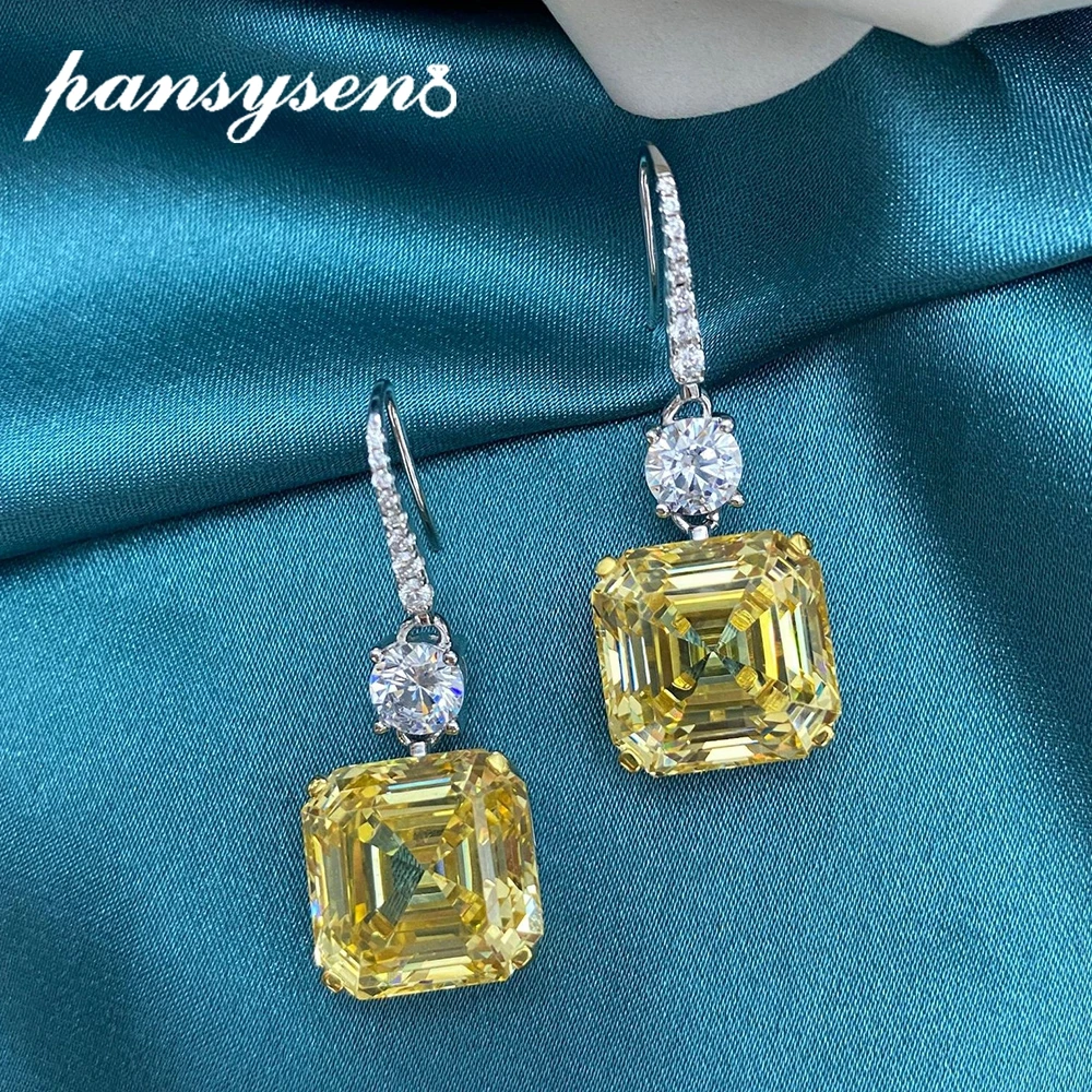 

PANSYSEN Luxury Real 925 Sterling Silver Asscher Cut Yellow Citrine Created Moissanite Gemstone Dangle Drop Earrings for Women