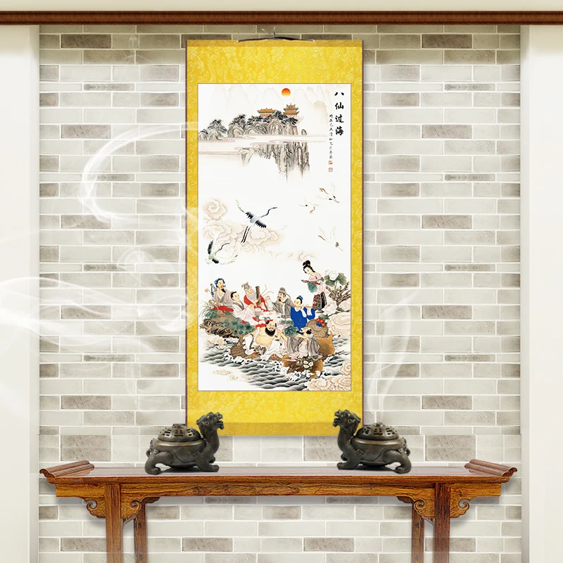 

Eight immortals map, the eight immortals crossing the sea, Exquisite Taoist silk scroll hanging painting