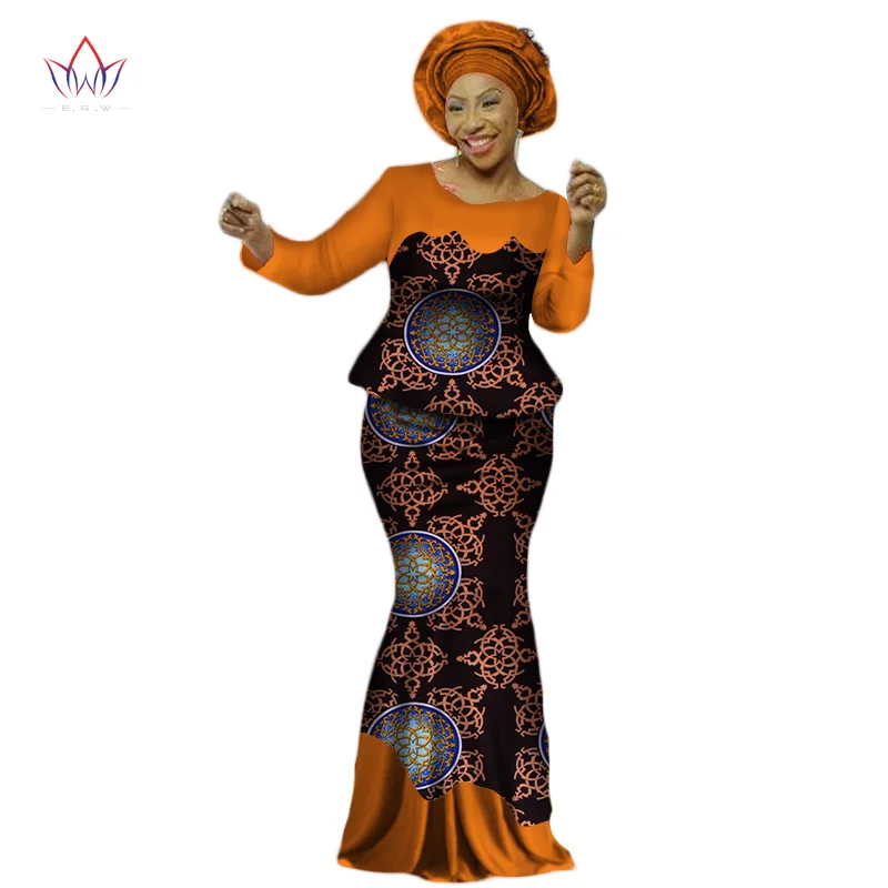 Africa Style Bazin Riche Dresses for Women Two Pieces Set Women Long Sleeve Tops and Long African Print Skirt Plus Size WY2454 - Цвет: 15