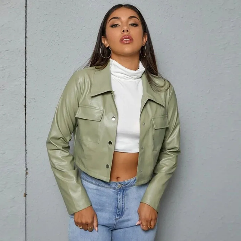

2021 Autumn New Fashion Street Style Ladies Jacket Avocado Green PU Leather Jacket Leather Jacket Lapel Locomotive Jacket Women