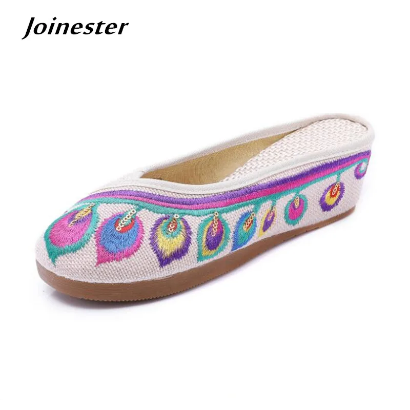 Сандалии женские в этническом стиле холщовые шлепанцы на среднем каблуке с