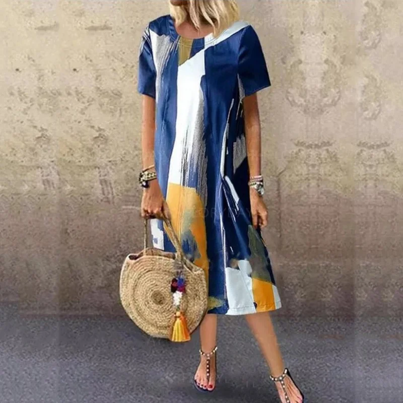 

Летнее платье в стиле Харадзюку, Повседневное платье с индивидуальным принтом и короткими рукавами в стиле ретро, богемное платье с круглым...