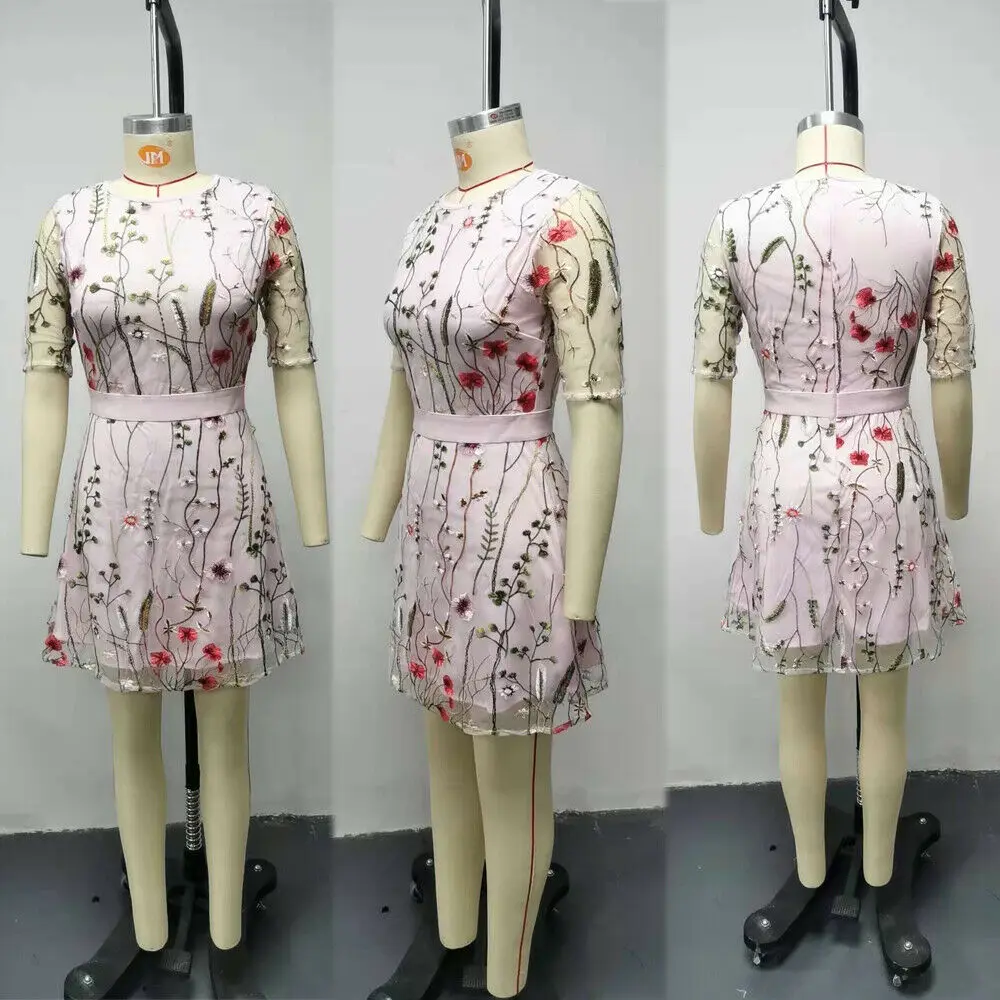 2020 Новое модное женское Сетчатое мини-платье с цветочной вышивкой элегантное