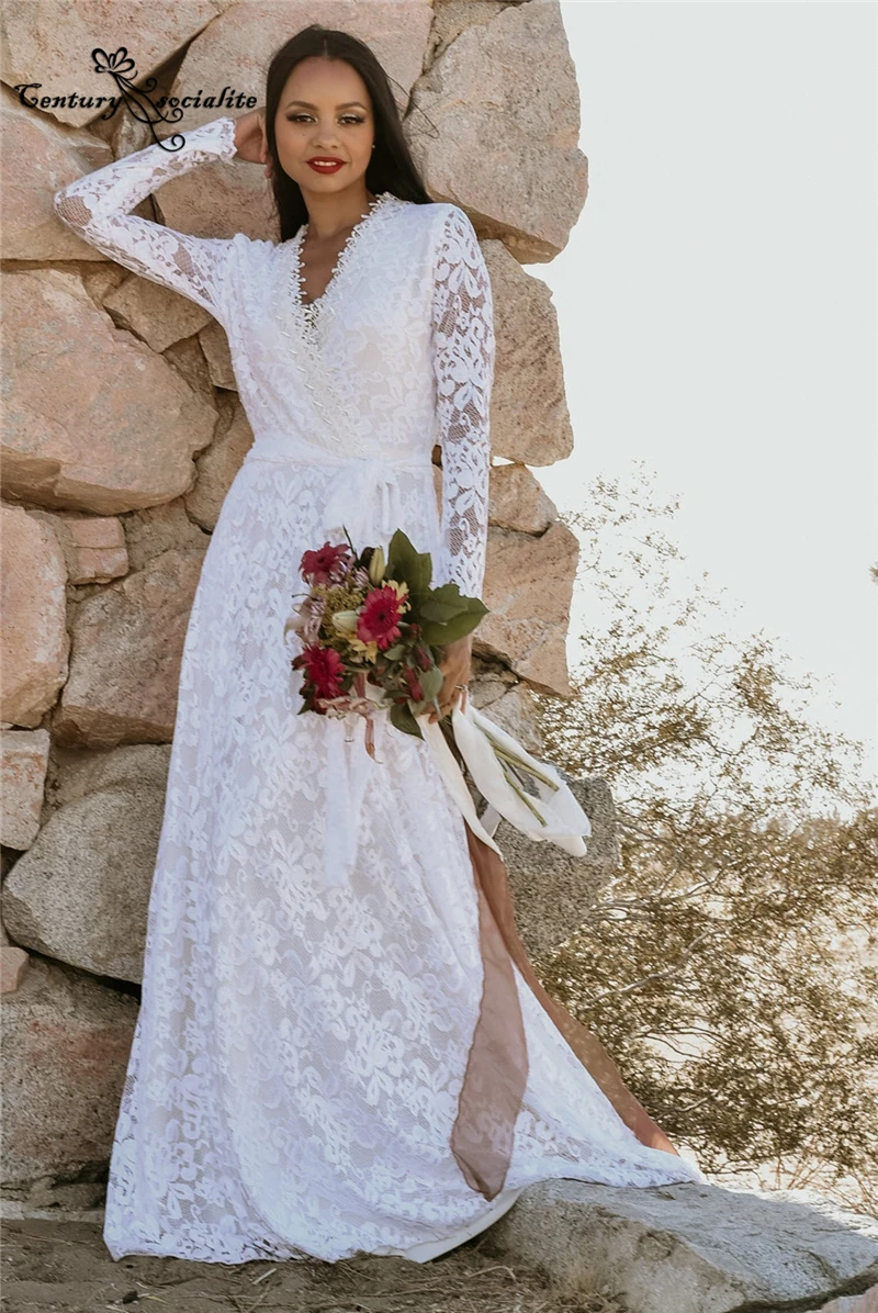 

Lace Wedding Dresses Boho 2021 Long Sleeve V-Neck A-Line Bohemian Bridal Gowns Beach Bride Dress Vestido De Noiva