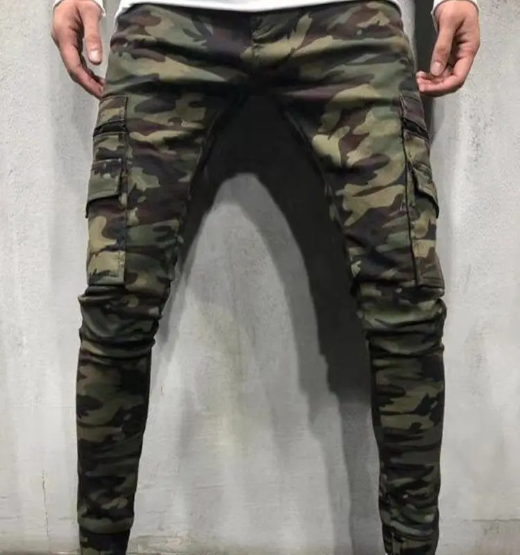 Spring Large Size Men's Camo Overalls Fashion Street Small Feet Slim Body Multi - Mouth Bag Waist Jeans Trousers