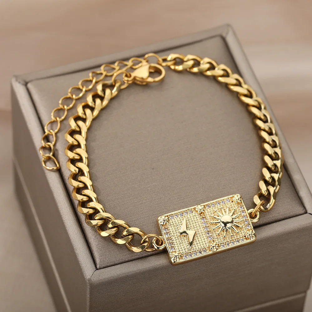 

Vintage Sun Bracelets For Women Men Gold Stainless Steel Cuban Bracelet Punk Curb Lightning Square Geometry Bracelet Jewelry