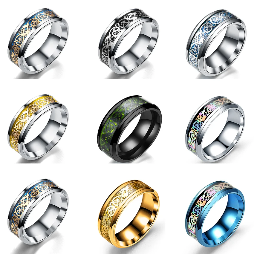 

Popular 8mm Tungsten Carbide Steel colorful dragon pattern wholesale men's ring. Fashion trend engagement accessories