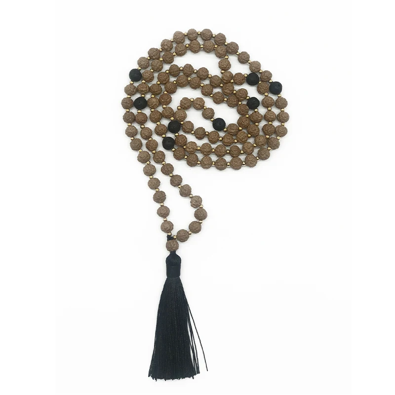 

Original Rudraksha & Black Lava Stone Beaded Yoga Meditation Blessing Jewelry 108 Rosary Japa Mala Tassel Necklace