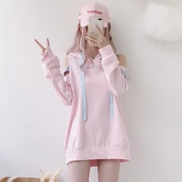 japan cosplay kawaii hoodies harajuku lolita cute off shoulder plaid women pink sweatshirts fashion lace up sexy girls pullover