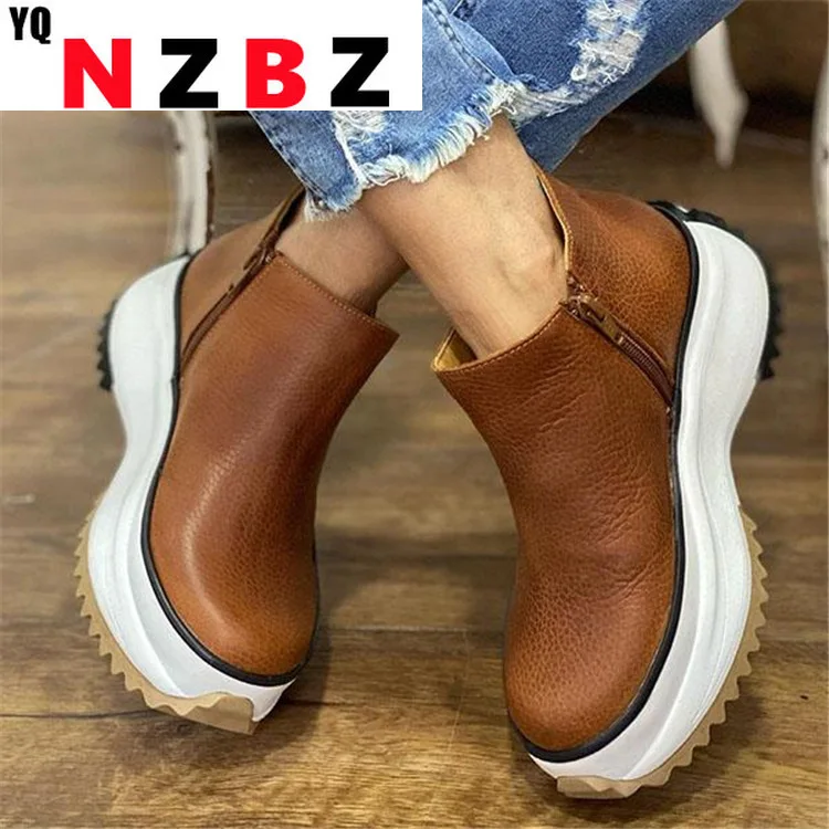 

Women's Ankle Boots 2022 Autumn Side Zipper Solid Ladies Platform Wedge Shoes Daily Hiking Sneakers Female Vulcanized Shoes