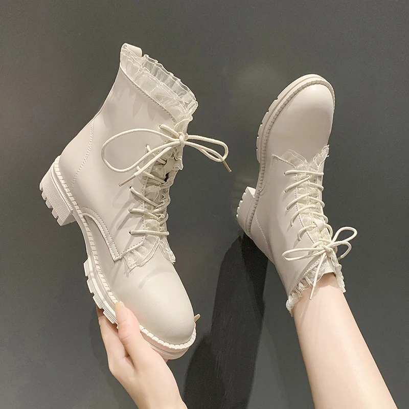 

Женские ботинки с круглым носком, белые однотонные ботинки до середины икры, из ПУ кожи, для осени, 2021