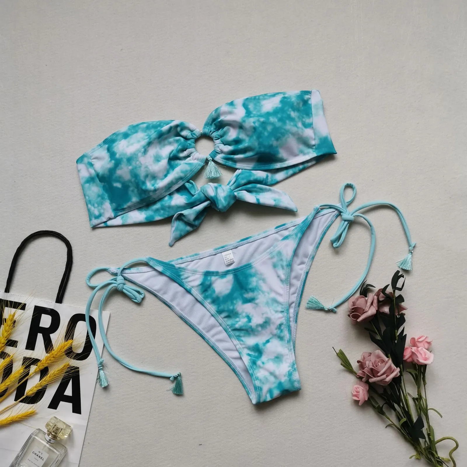 

Women's Split Tie-dye Print Bikini Swimsuit With Underpants Open Back Swimwear 2021 Swimwear Women Push Up Swimsuits