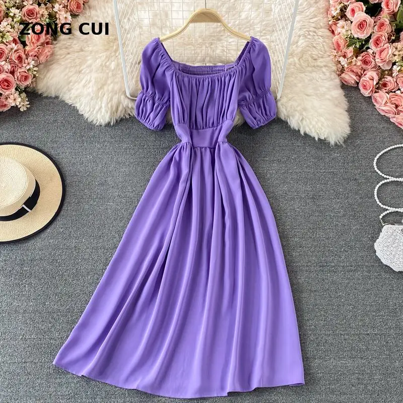 

Женское однотонное платье до середины икры, повседневное ТРАПЕЦИЕВИДНОЕ ПЛАТЬЕ с квадратным вырезом и пышными рукавами, лето 2021