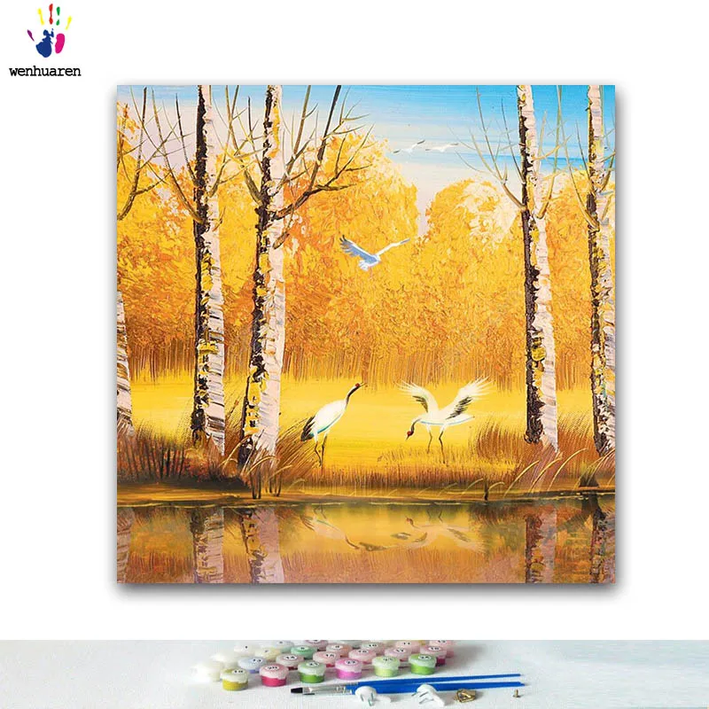 DIY картинки для раскраски по номерам с цветами березовый лес пейзаж Картина