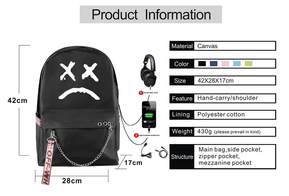 

2021 New Lil Peep Black Backpack School Youth Fashion Girl Student Waterproof Canvas Bag USB Laptop Travel Backpack
