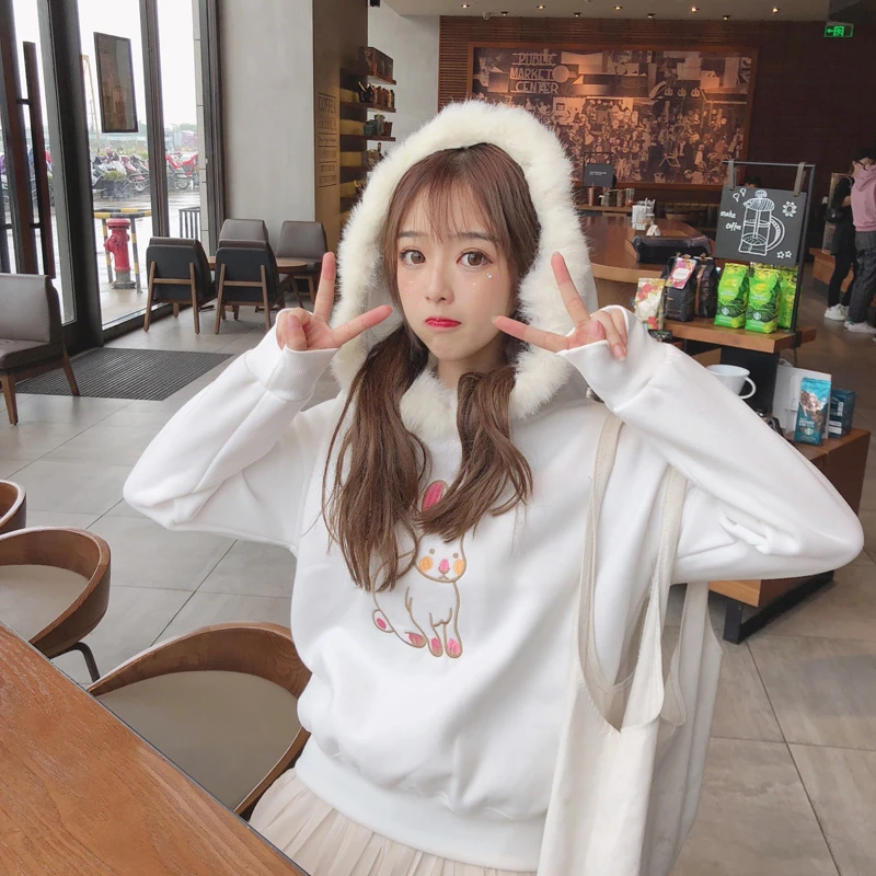 

girl winter rabbit hoodies embroidery wool thickened pullover women 3112