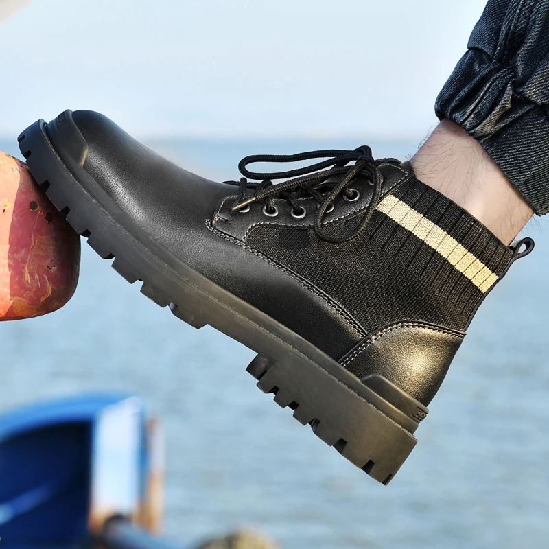 

Mens Autumn Genuine Leather Men Boots Fashion Black Platform Boots Chelsea Ankle Boot for Men Motorcycle Walker Large Size 48