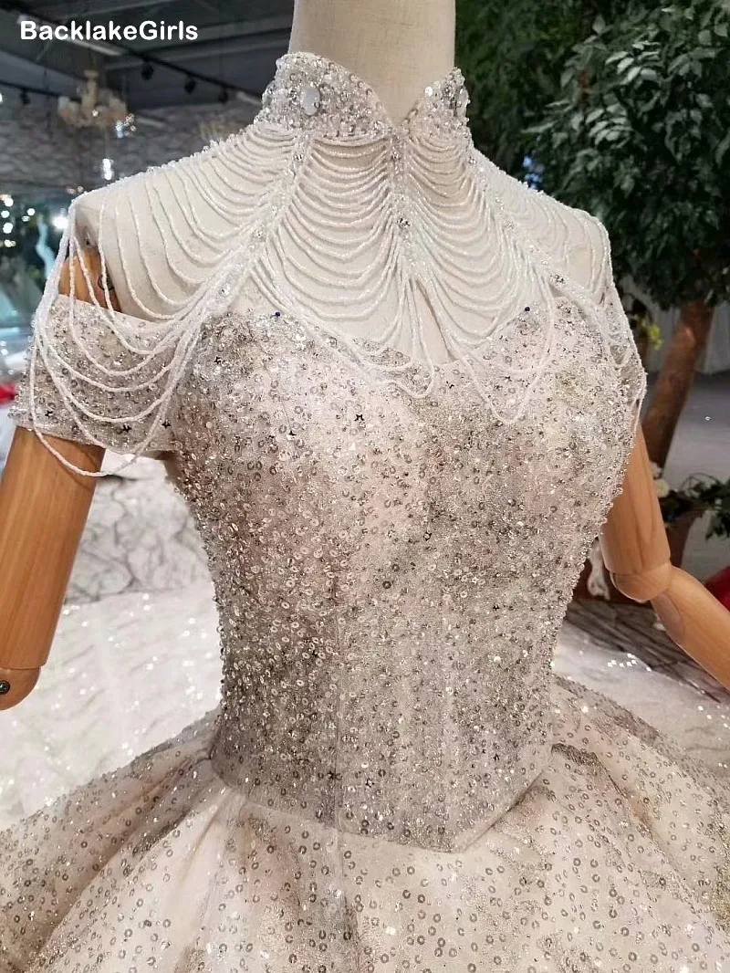 Vintage Wedding Dresses Capped Sleeves High Neck Beading Tassel Bride Dress With Long Train Vestido Casamento Civil | Свадьбы и