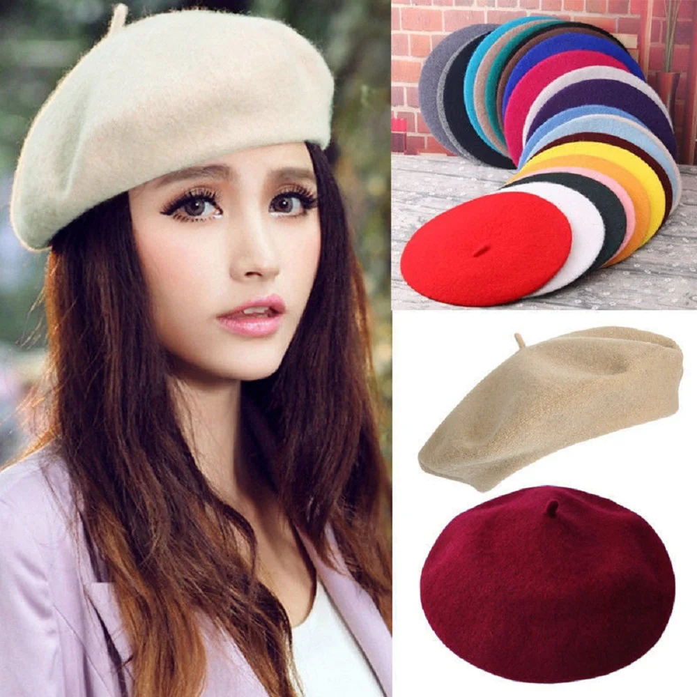 

Lady spring Winter Berets Hat Painter style Women Wool Vintage Berets Solid Color Caps French Female Bonnet Warm Walking Cap