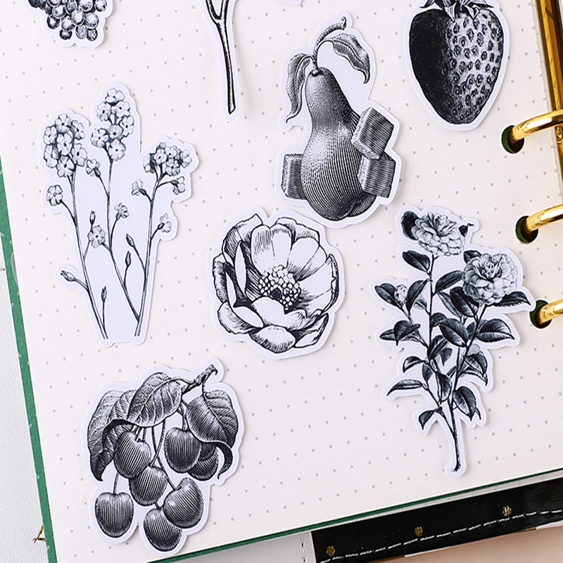 

Vintage Creative Black White Flowers Stickers Junk Journal Material Paper DIY Scrapbook Phone Album Decor Label Gift Sticker