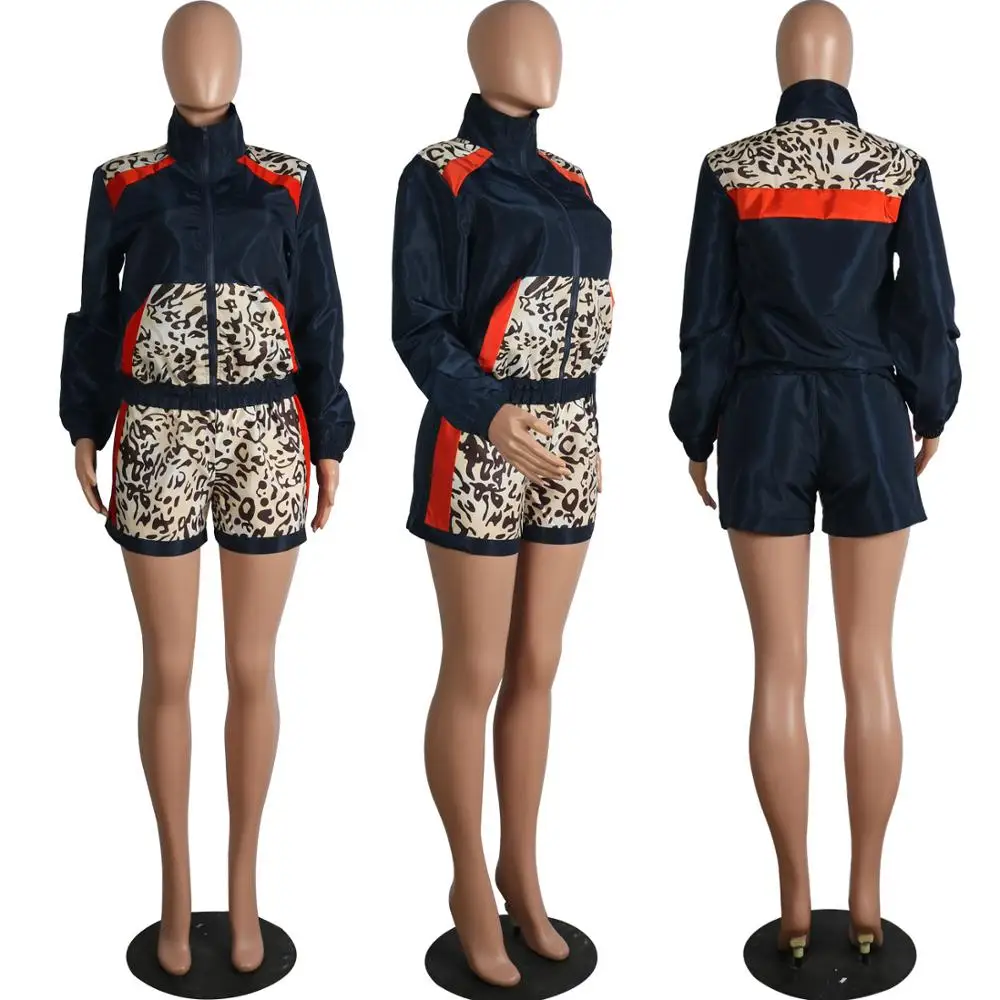 

Color Block Leopard Print Two Piece Set Casual Patchwork Jackets Top With Shorts Women Sets Fashion Evening Club Party Tracksuit