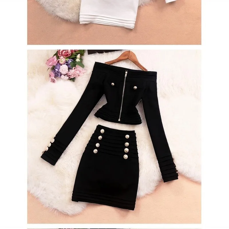 

2021 New Women Sexy Slash Collar Off-shoulder Long-sleeved Short Top + High-waist Double-breasted Skirt Two-piece Suit Y252