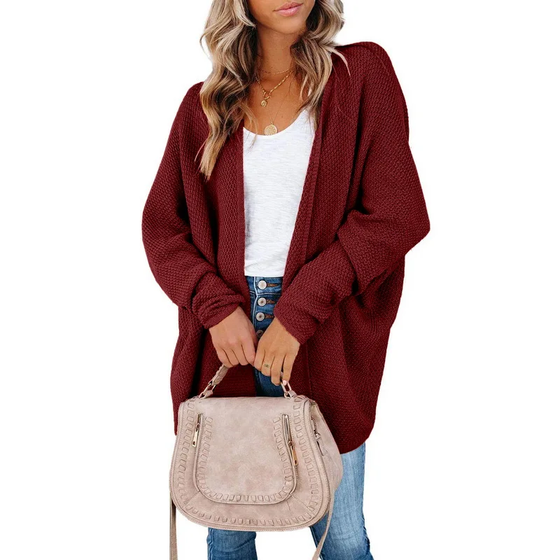 

MoneRffi Vintage Cardigan Women Sweater Knitwear 2021 Autumn Winter Open Stitch Top Solid Loose Long Batwing Sleeve Cardigans
