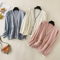womens knitted cardigan autumn winter contrast color stripe v neck button long sleeves sweater coat wholesale female clothes