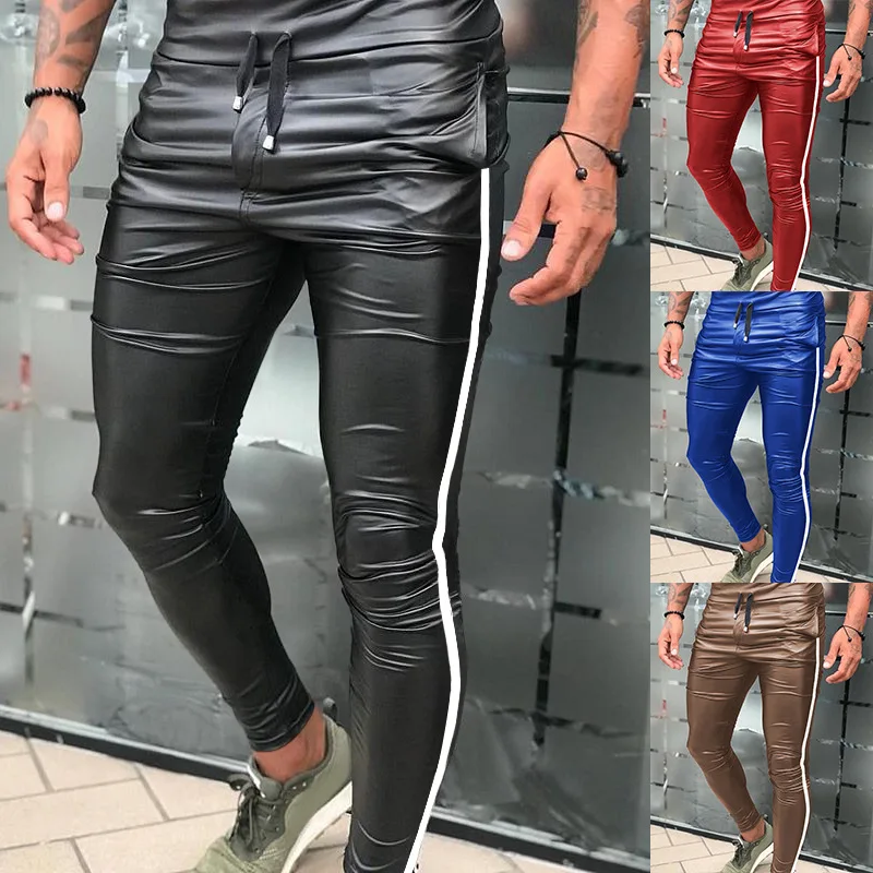 

2021 Men's Leather Motorcycle Pants European and American Slim Lace-up Pants Side Stripes Casual Skinny Leather Pants