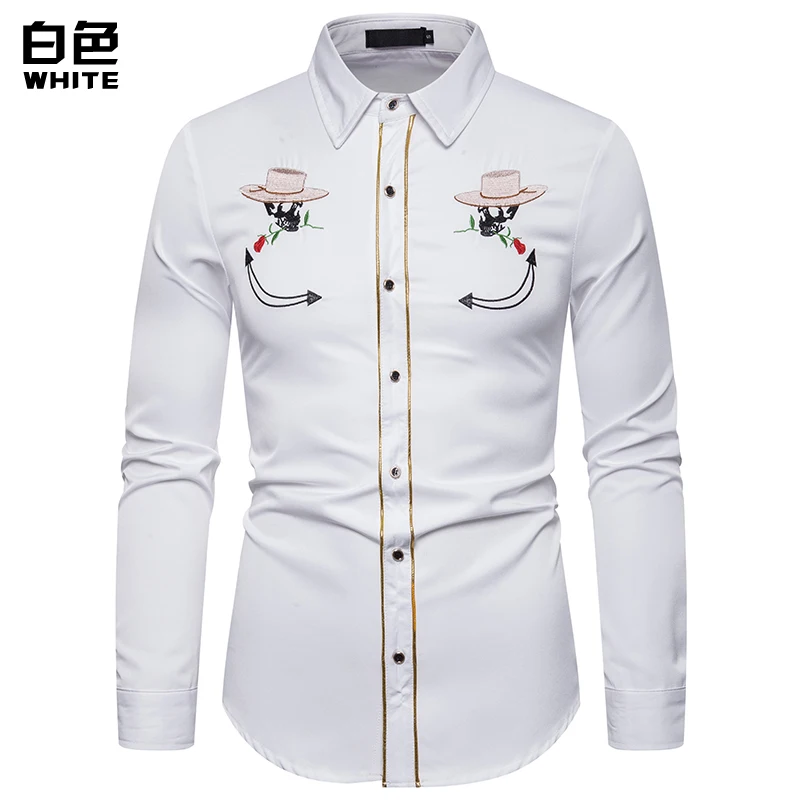 1 White Shirt Брендовая мужская рубашка высокого качества с вышивкой черепа, рубашка, приталенная Повседневная ковбойская рубашка с длинными рукавами, европейские размеры, рубашки размера XXL - Цвет: 1 White Shirt