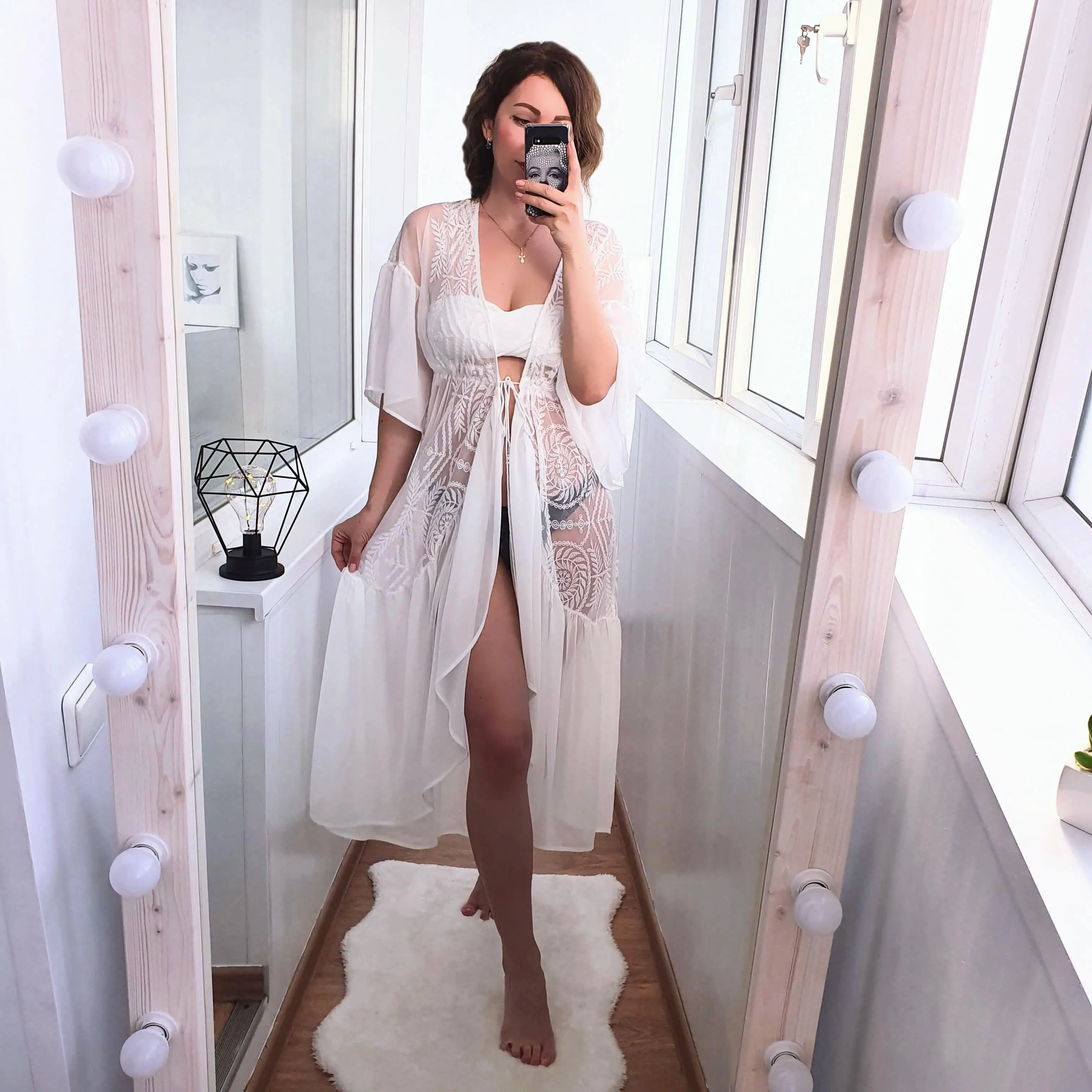 

2021 New Bikini Cover-ups Sexy Belted Summer Dress White Lace Tunic Women Plus Size Beach Wear Swim Suit Cover Up Q1049