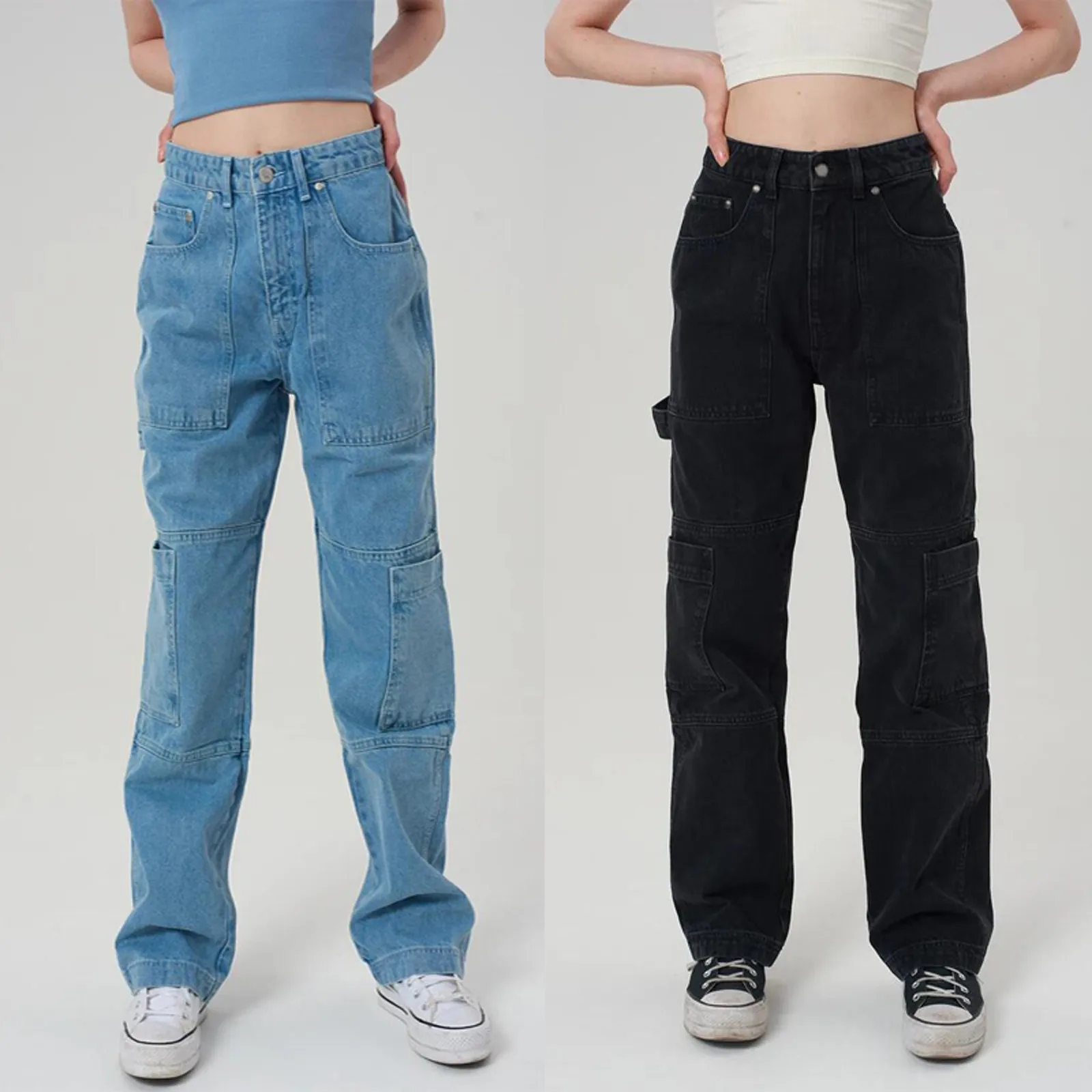 

Women Pants Straight Leg Jeans Solid Splice Wide Leg Pants Zipper Pockets High Waist Jeans Slim Loose Trousers Girls Baggy Jeans