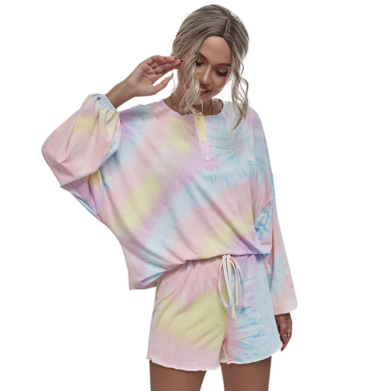 

Multicolor Tie Dye Long Sleeve Tee and Drawstring Waist Shorts 2 Pieces Suits Women Pajamas Casual Cute Lounge Sets Breathable