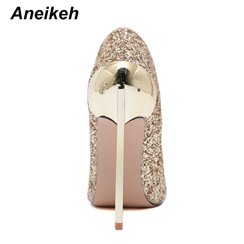 Aneikeh/; шикарные пикантные женские туфли-лодочки; женская обувь на тонком высоком каблуке; вечерние свадебные туфли без застежки с острым носком; Цвет серебристый, золотистый; Размеры 35-42