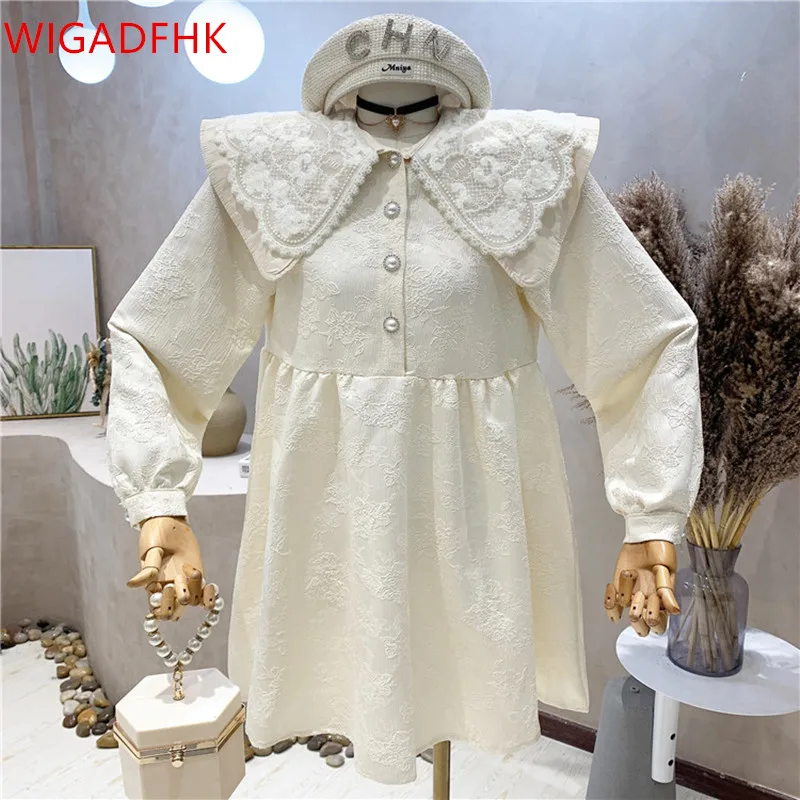 

Western Style Stitching Lace Doll Collar Jacquard Dress 2022 Spring New Korean Fashion Button Loose A-line Skirt Vestidos Femme