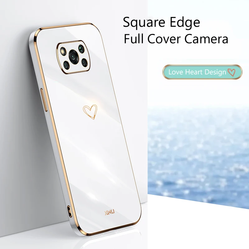 love heart square plating phone case for xiaomi mi poco x3 pro x 3 nfc gt x4 m4 pro 4g 5g poko x3pro m3 f3 silicone fundas cover free global shipping