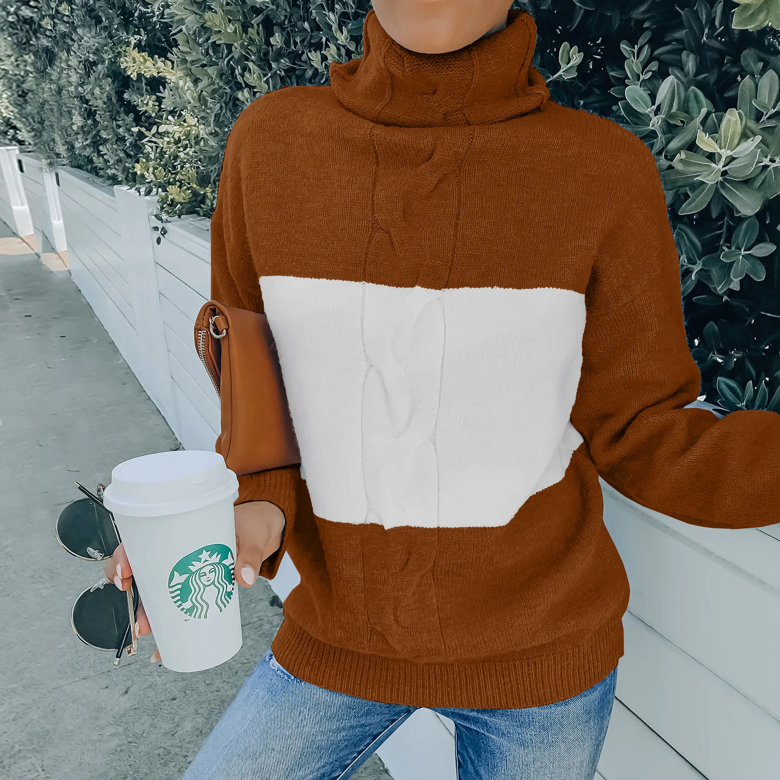 

Winter Women Sweater Long Sleeve Stripe Loose High Collar Joining Together Leisure Fashion Sweater Elegant Knitting Coat 2021