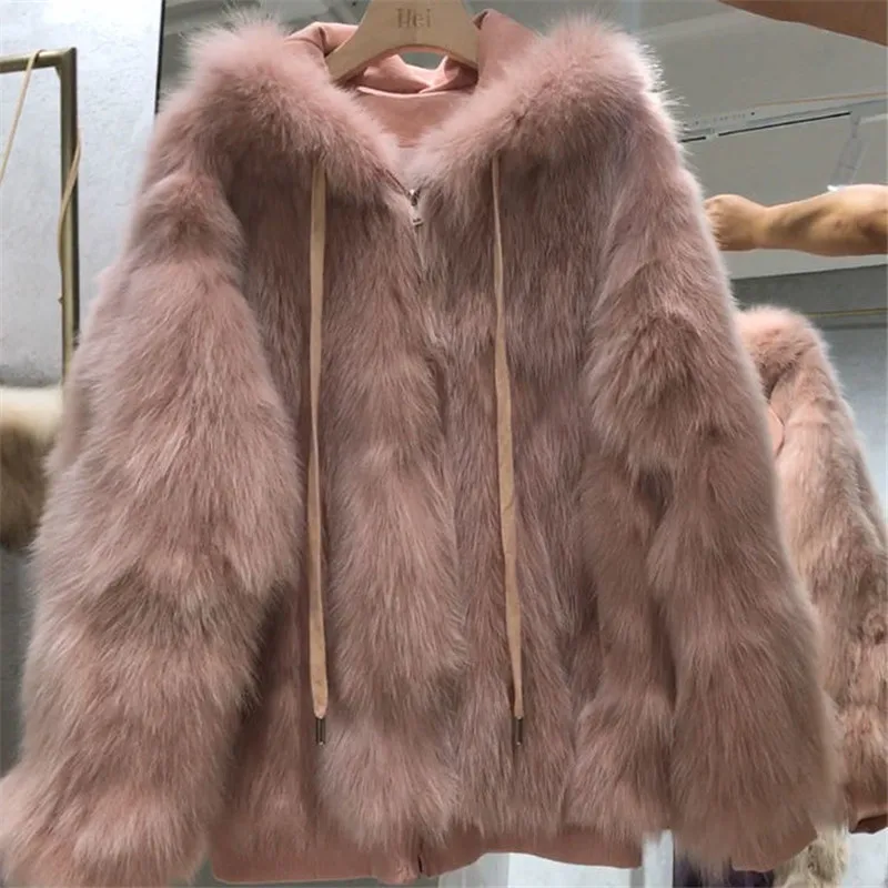 

Pink Cute Warm Winter Fur Coat Parkas Hooded Faux Fur Parkas With Mouse Ears Thermal Jackets Female