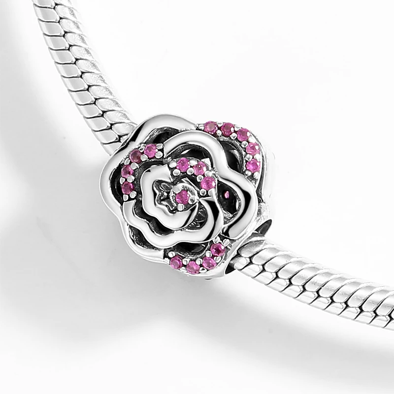 Blooms rose Flower Charms Pink Zircon Round 925 Sterling Silver Beads Fit Original women Bracelet fine Jewelry Gift | Украшения и