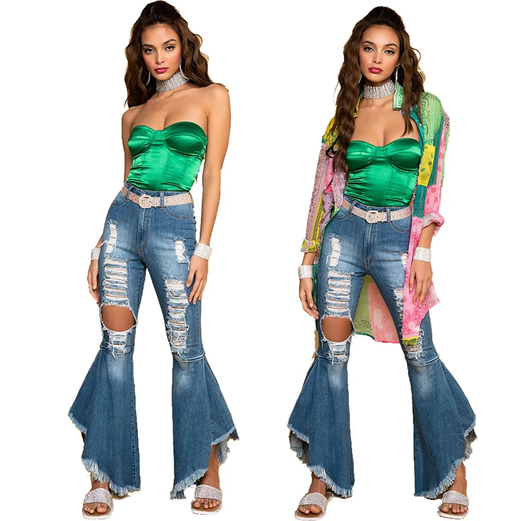 

Women's Jeans Flared Pants Long Trousers Fashion Stitching Ripped Elastic Slim Fit Ladies Denim Flared Pants Autumn New Arrival