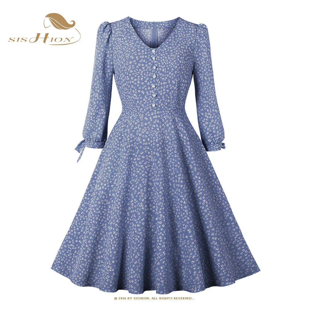 

Женское платье с цветочным принтом SISHION, винтажное платье с рукавом 2022 и V-образным вырезом, красивое вечернее платье, весна 3/4