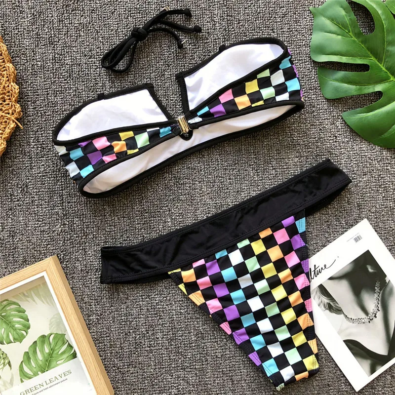 

Sexy Bikinis Color mosaic Bandeau V Neck Bikini Swimsuits Push Up Swimwear Female Brazilian Bikini Set Bathing Suits Biquini